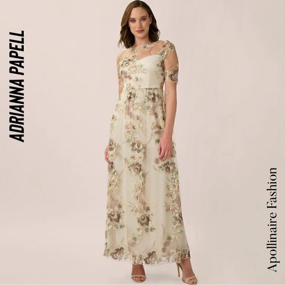 BHLD BY ADRIANNA PAPELL ROSE EMBROIDERED GOWN IN MINK SIZE 6 - Picture 3 of 8